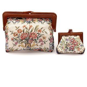 Vintage INTERPUR Cottagecore Floral Tapestry Lucite Clutch Purse Coin 2pc Set